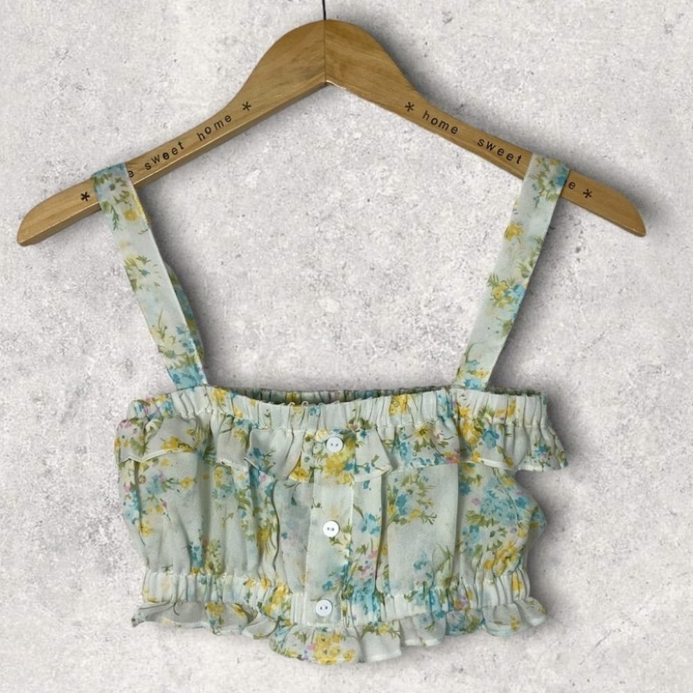 With Jean Floral Ruffle Crop Top Size XS Avena Blue White Yellow Cotton Boho - Picture 5 of 12